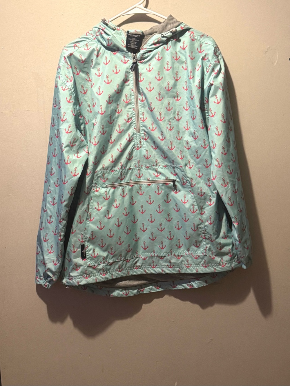 Charles River Apparel Light Blue Hooded Anchor Raincoat with Pink Print
